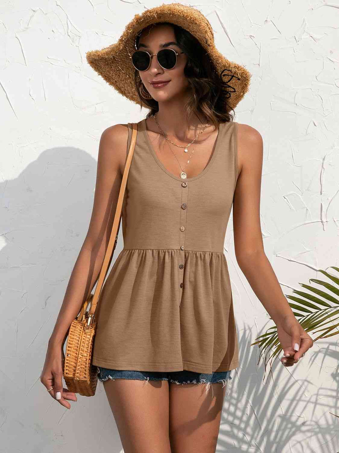 Decorative Button Scoop Neck Tank Bazaarbey