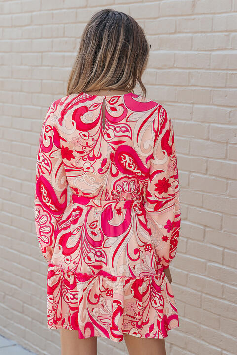 Printed Round Neck Frill Trim Dress -BazaarBey - www.shopbazaarbey.com
