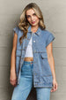 Collared Neck Sleeveless Denim Top with Pockets Bazaarbey
