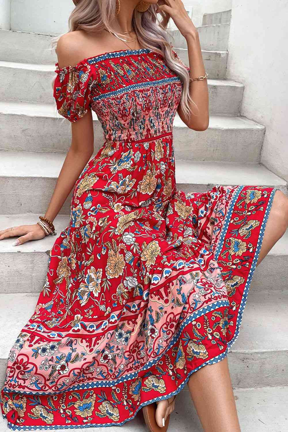 Floral Off-Shoulder Smocked Midi Dress -BazaarBey - www.shopbazaarbey.com