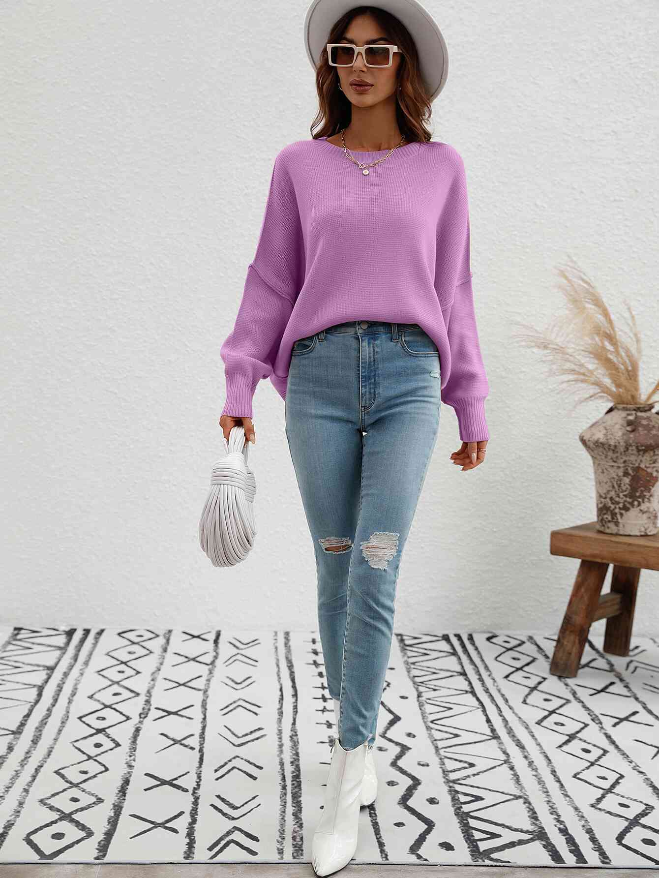 Exposed Seam Dropped Shoulder Slit Sweater Trendsi