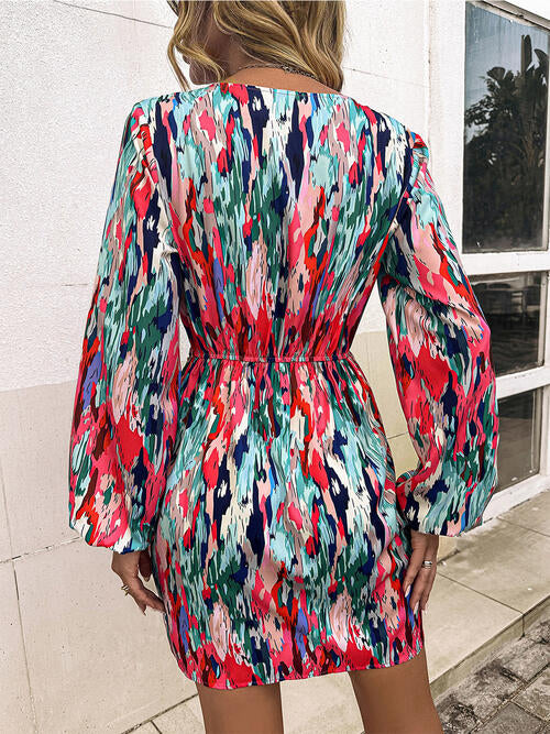 Printed  Balloon Sleeve Mini Dress -BazaarBey - www.shopbazaarbey.com