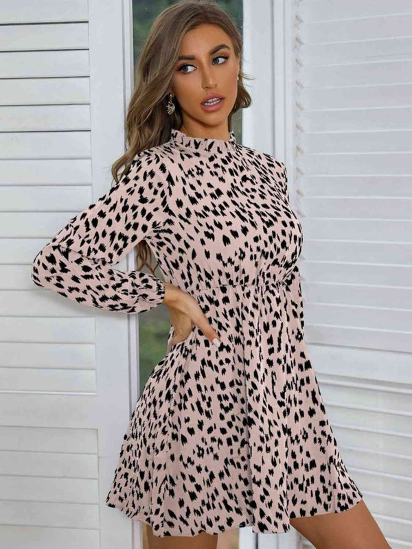 Printed Frill Neck Long Sleeve Dress -BazaarBey - www.shopbazaarbey.com