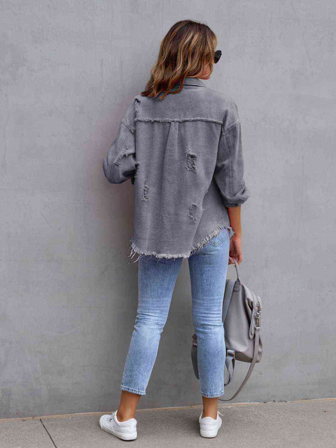 Distressed Drop Shoulder Denim Jacket Bazaarbey