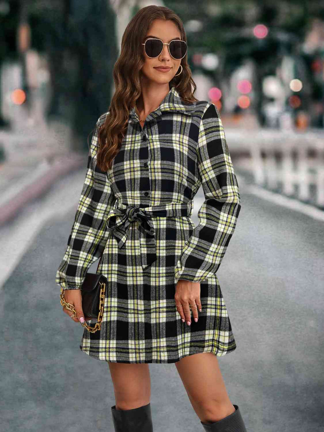 Plaid Tie Front Collared Neck Long Sleeve Dress Bazaarbey