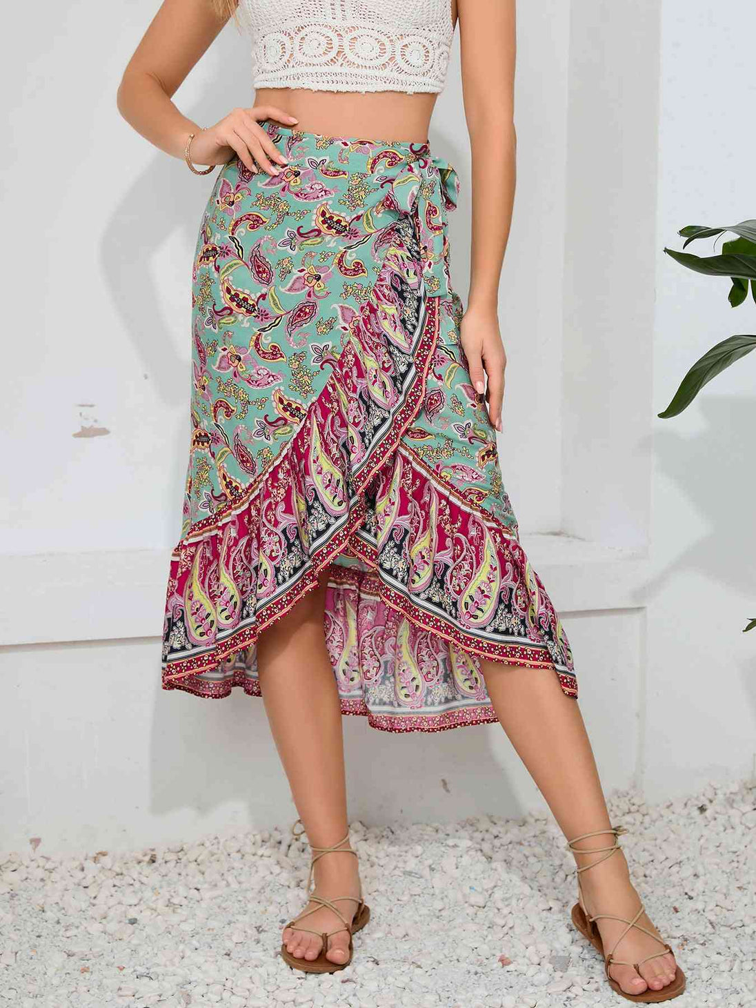 Tie Waistband Flounce Hem Midi Skirt Trendsi