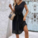 V-Neck Tie Belt Pleated Dress -BazaarBey - www.shopbazaarbey.com