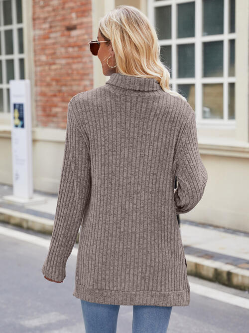 Ribbed Turtleneck Long Sleeve Slit Knit Top Bazaarbey