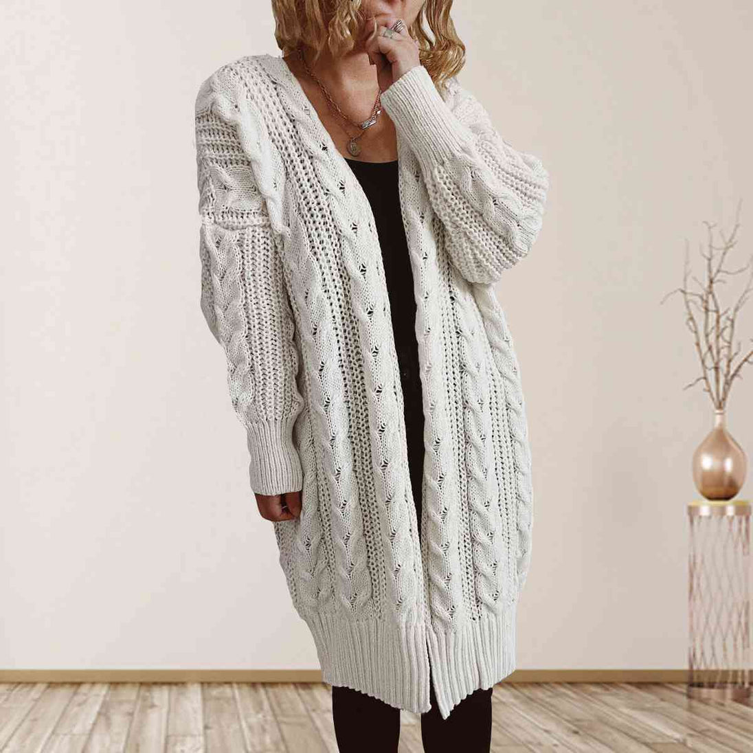 Cable-Knit Open Front Dropped Shoulder Cardigan Trendsi