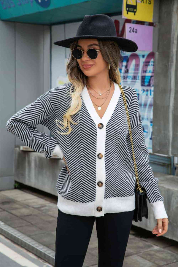 Striped V-Neck Dropped Shoulder Button-Up Cardigan Trendsi