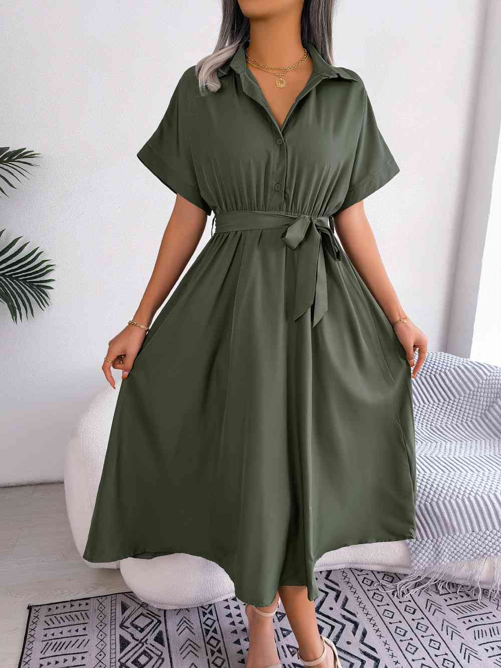 Short Sleeve Collared Tie Belt Dress -BazaarBey - www.shopbazaarbey.com