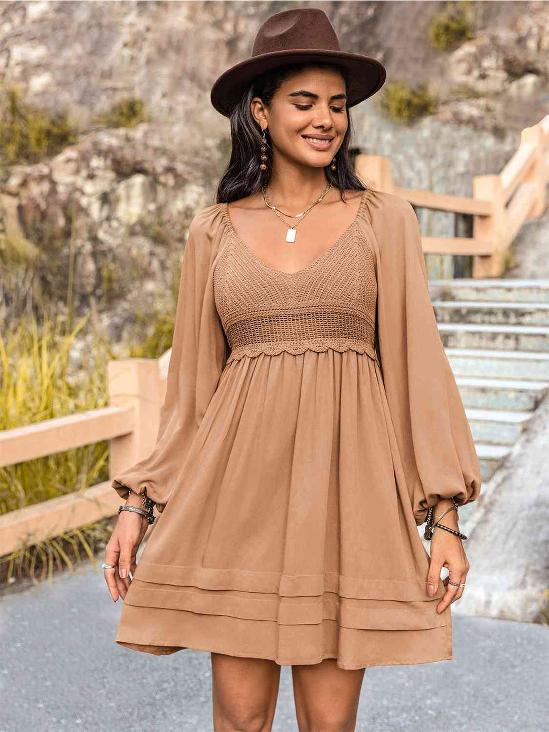 Crochet V-Neck Balloon Sleeve Dress -BazaarBey - www.shopbazaarbey.com