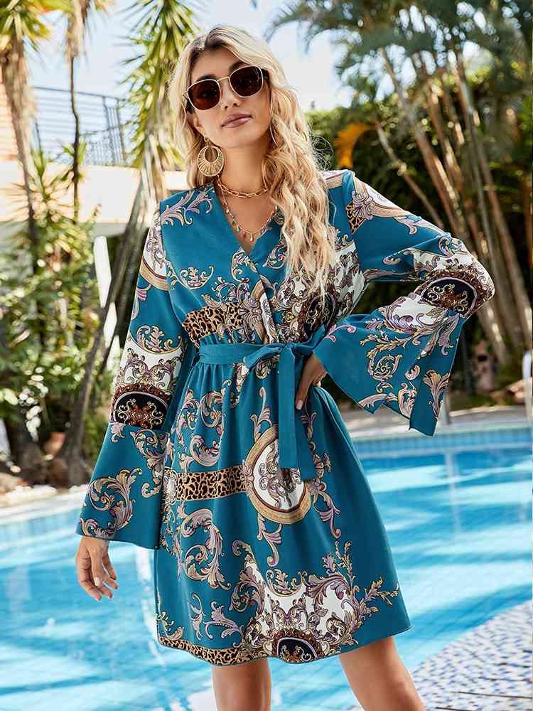 Printed Tie Belt Slit Flare Sleeve Dress -BazaarBey - www.shopbazaarbey.com