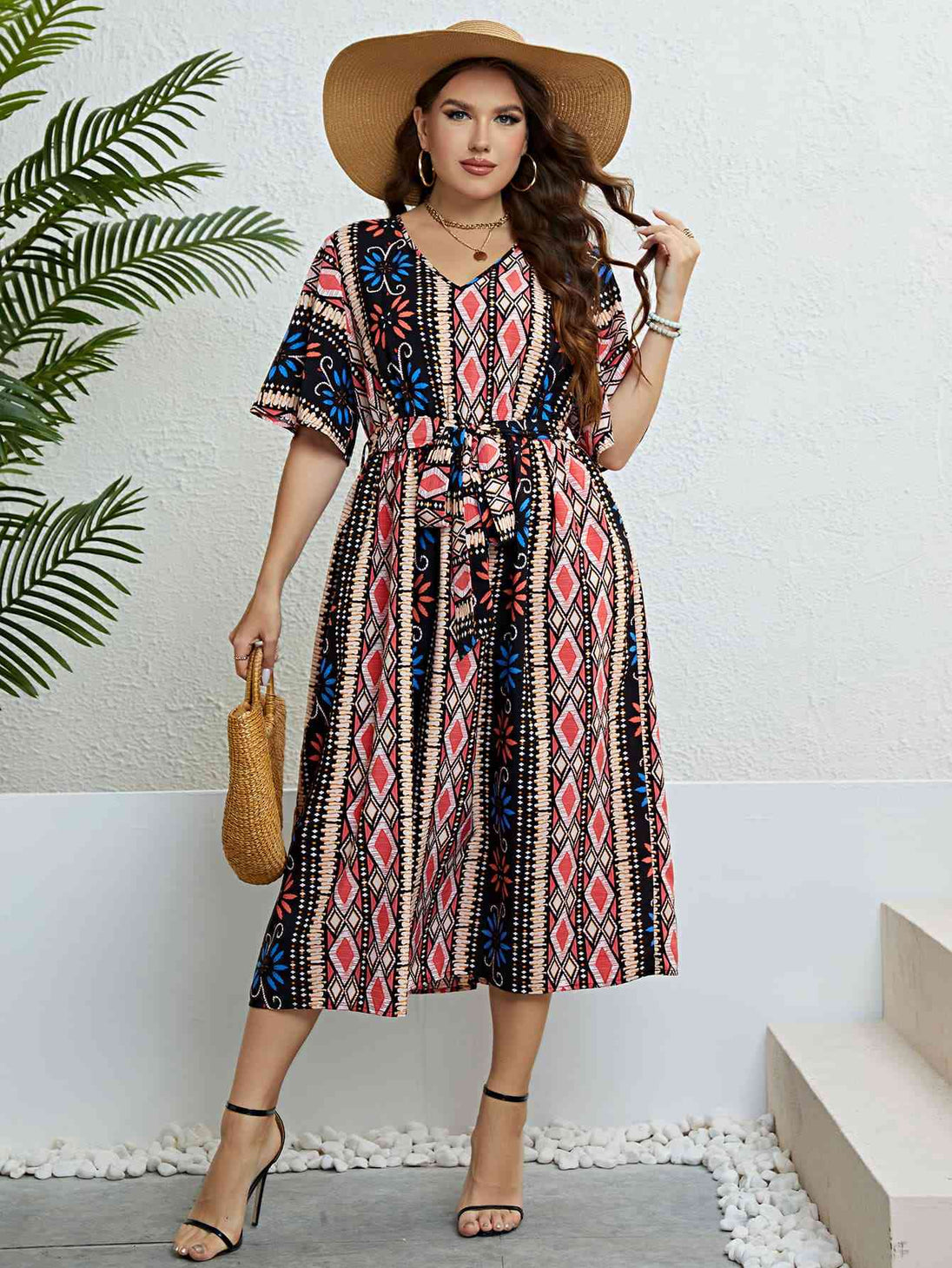 Plus Size Bohemian V-Neck Tie Belt Midi Dress -BazaarBey - www.shopbazaarbey.com