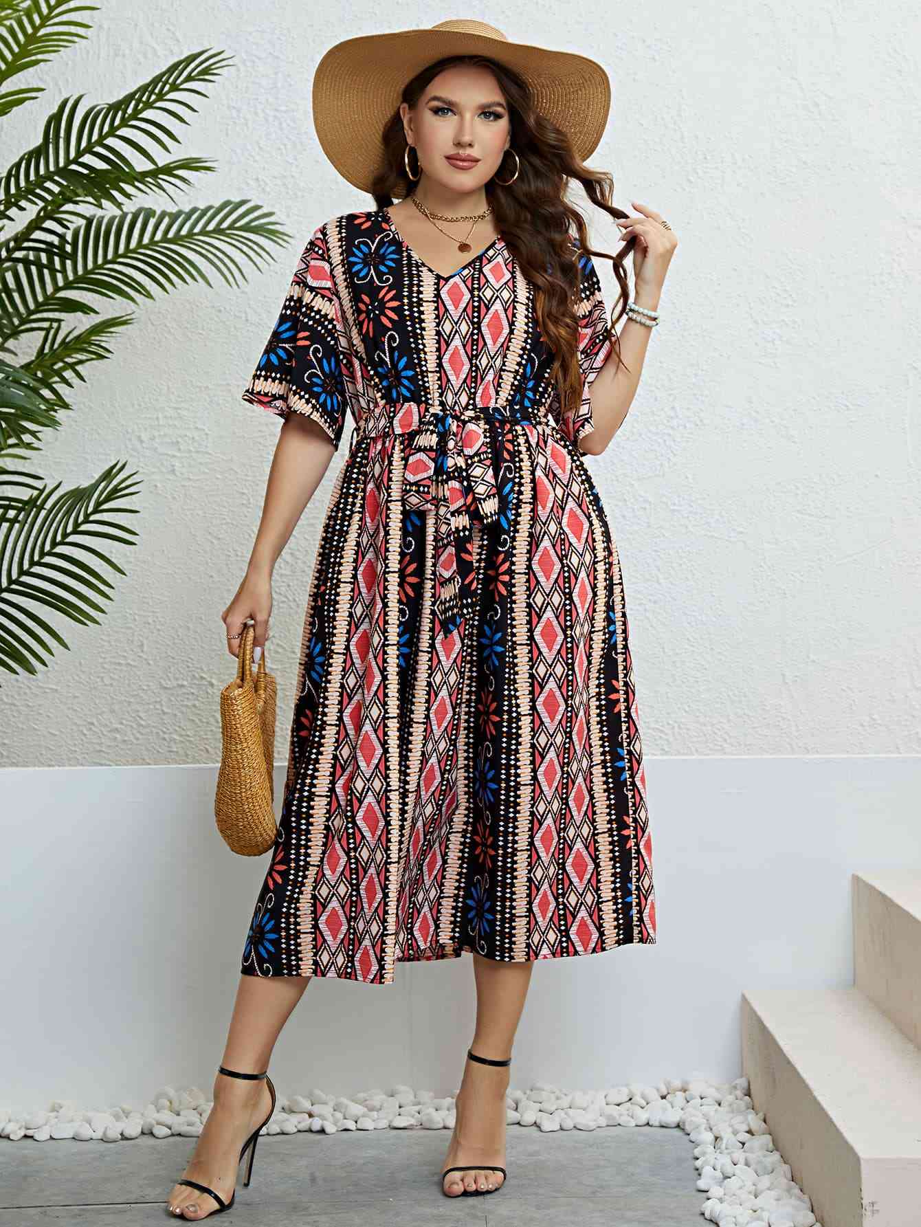 Plus Size Bohemian V-Neck Tie Belt Midi Dress -BazaarBey - www.shopbazaarbey.com