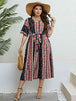 Plus Size Bohemian V-Neck Tie Belt Midi Dress -BazaarBey - www.shopbazaarbey.com