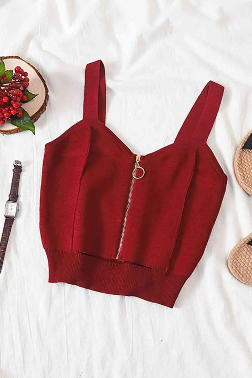 Zip-Up Cutout Sleeveless Knit Top Trendsi