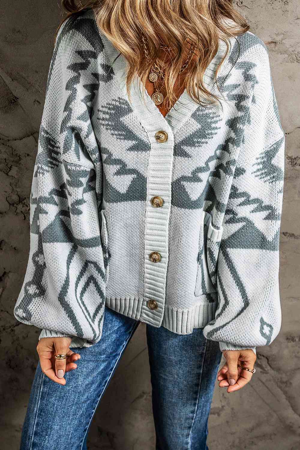 Printed Button Up V-Neck Long Sleeve Cardigan Bazaarbey