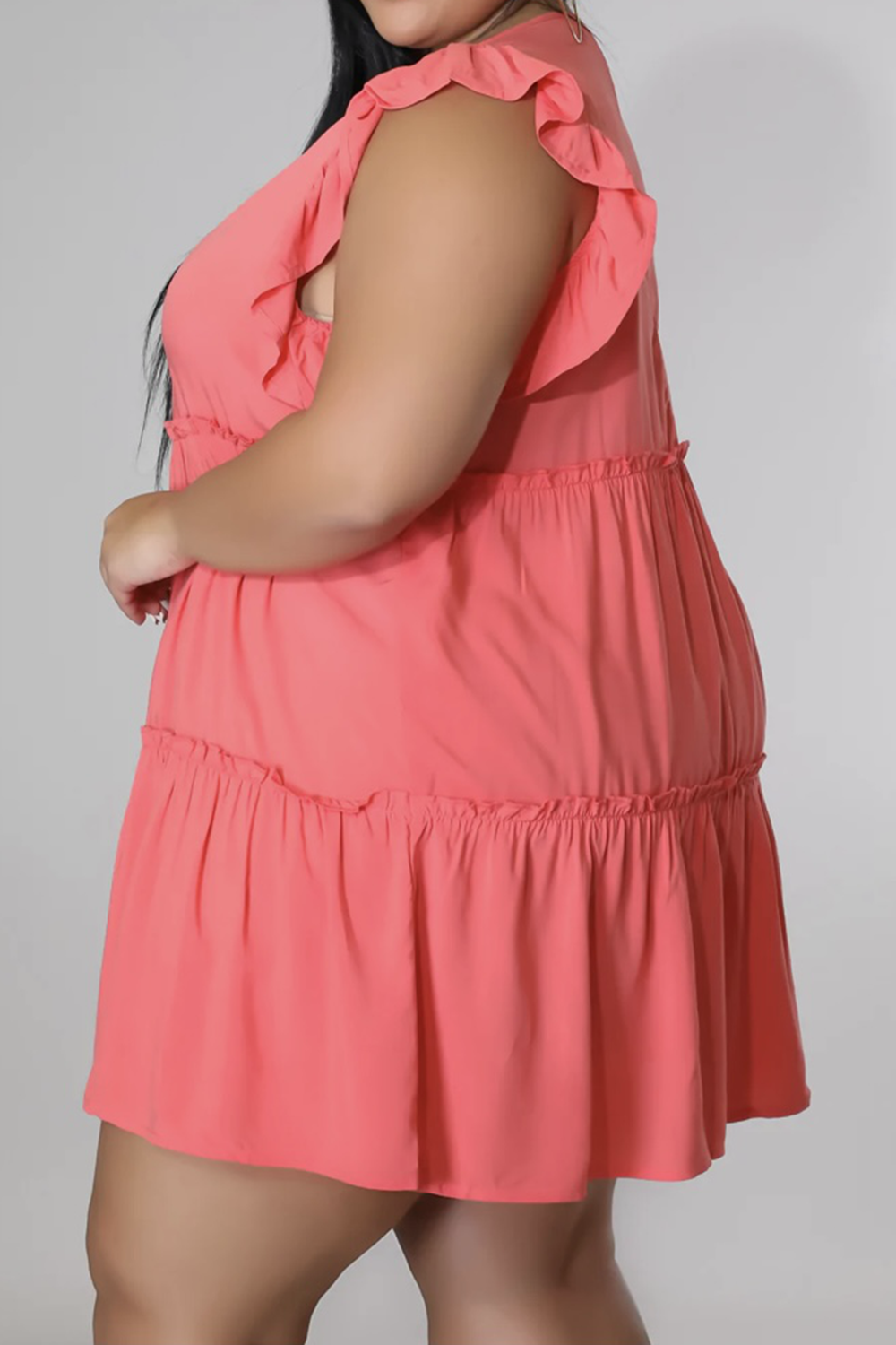 Plus Size V-Neck Frill Trim Mini Dress -BazaarBey - www.shopbazaarbey.com