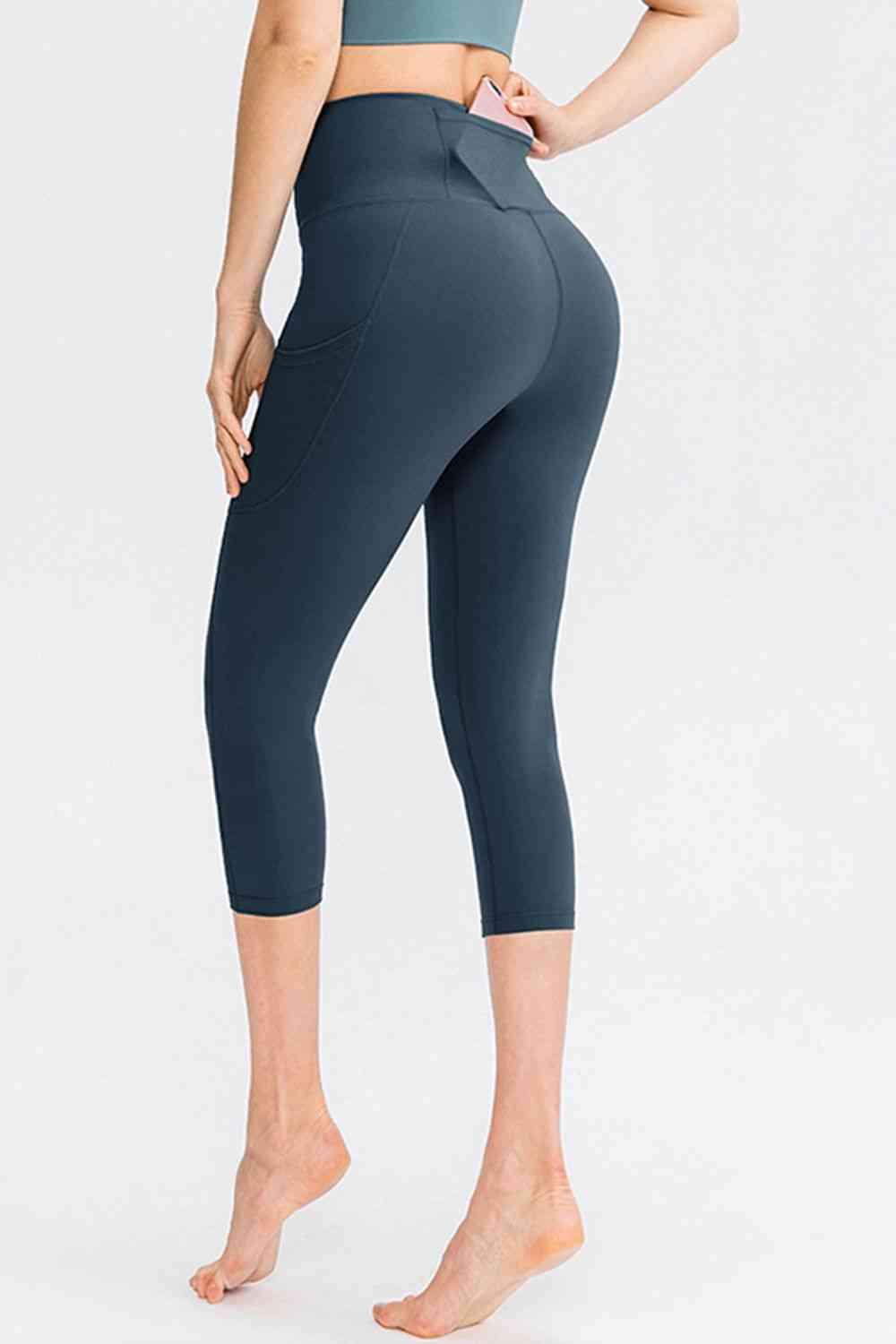 Wide Waistband Cropped Active Leggings with Pockets Bazaarbey