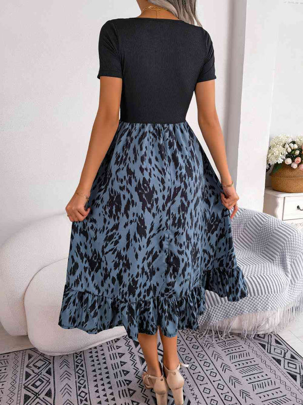 Printed Round Neck Ruffle Hem Dress -BazaarBey - www.shopbazaarbey.com