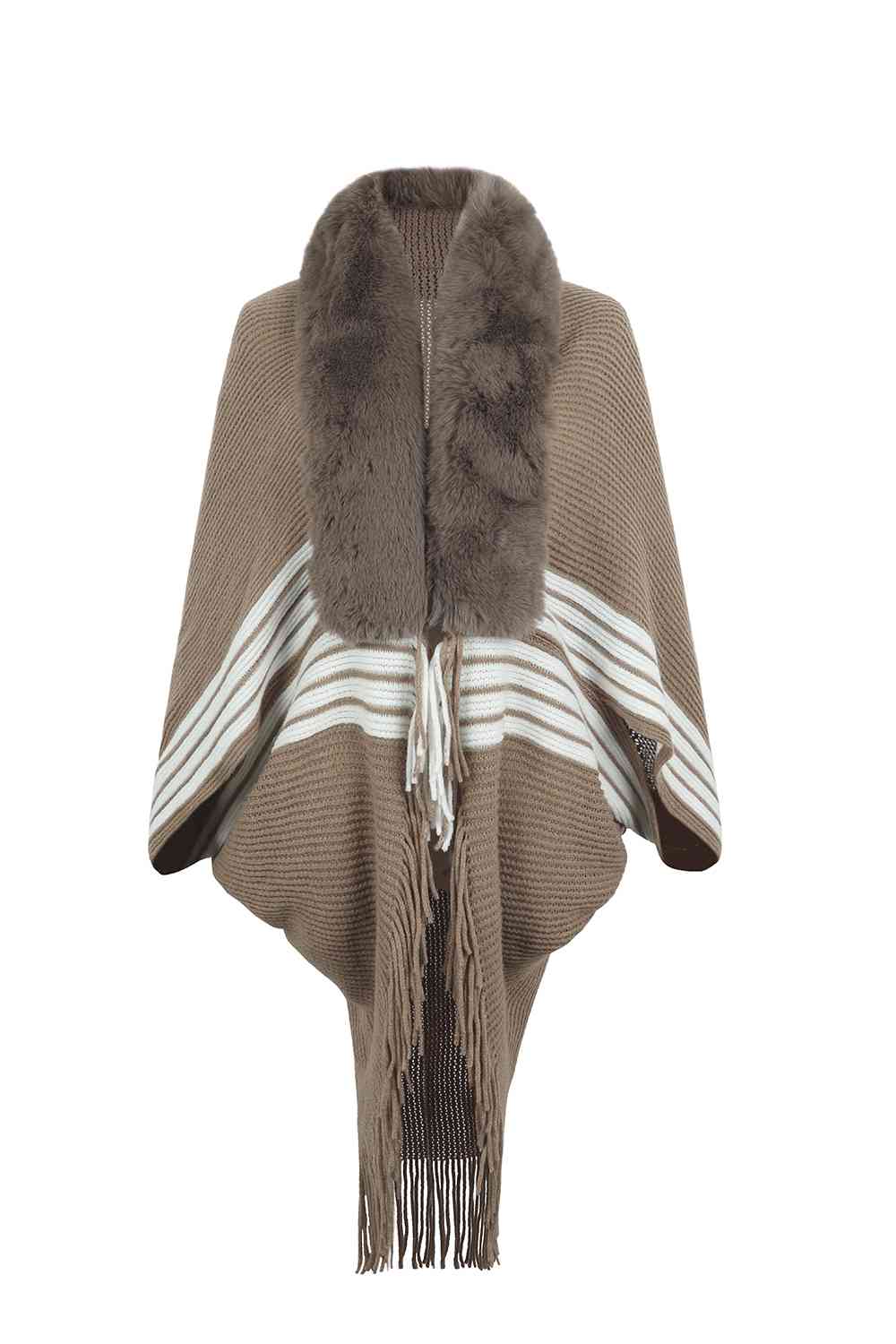 Striped Fringe Detail Long Sleeve Poncho Bazaarbey