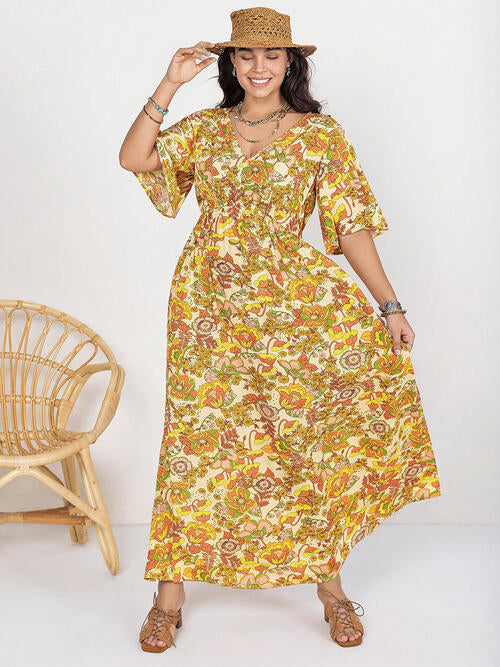 Floral V-Neck Short Sleeve Slit Dress -BazaarBey - www.shopbazaarbey.com