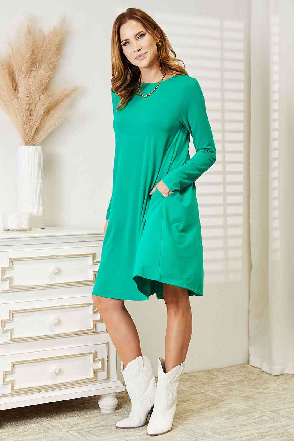  Full Size Long Sleeve Flare Dress with Pockets -BazaarBey - www.shopbazaarbey.com