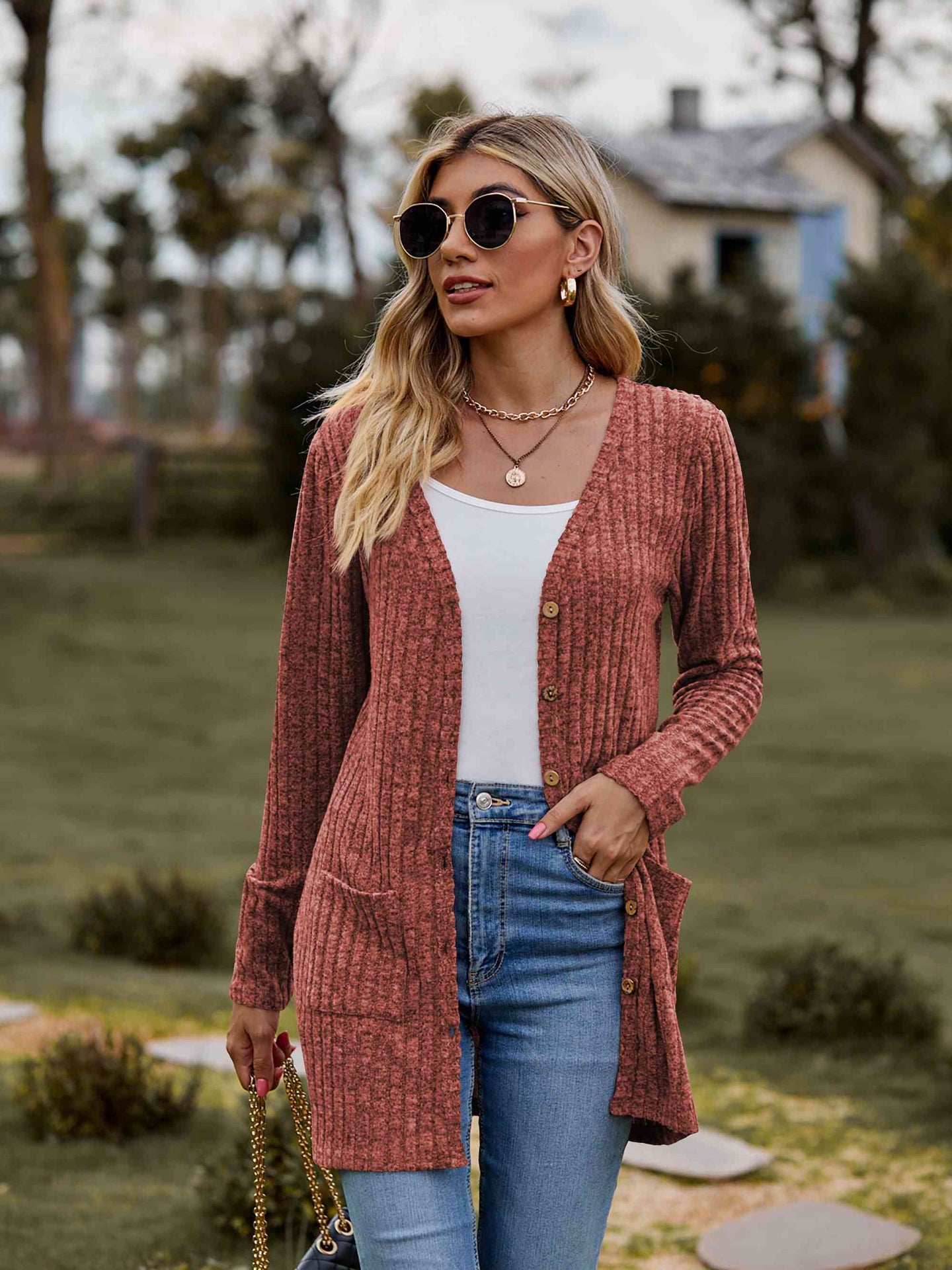 Ribbed Button-Up Cardigan with Pockets Trendsi