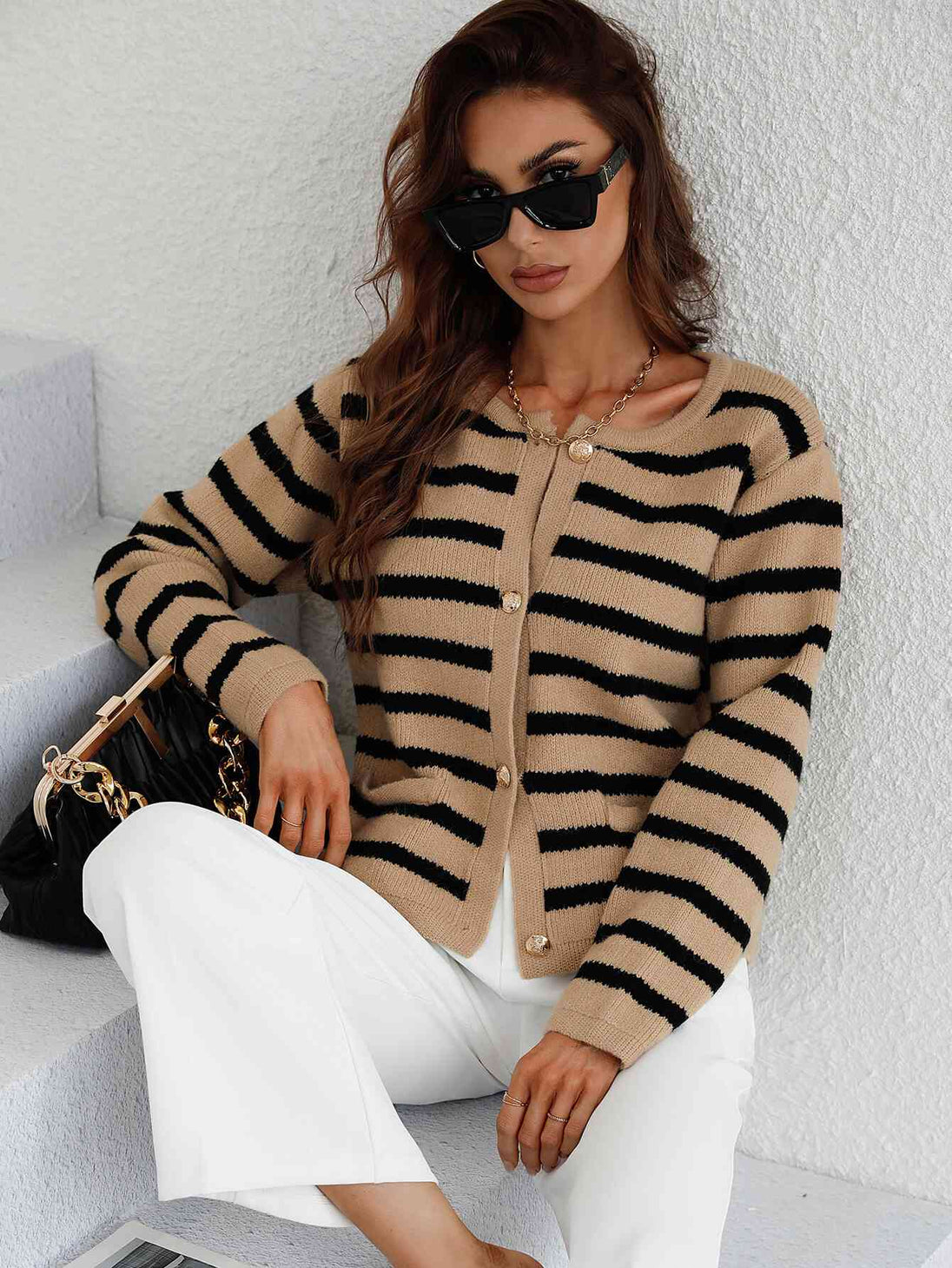  Striped Button Front Cardigan Trendsi