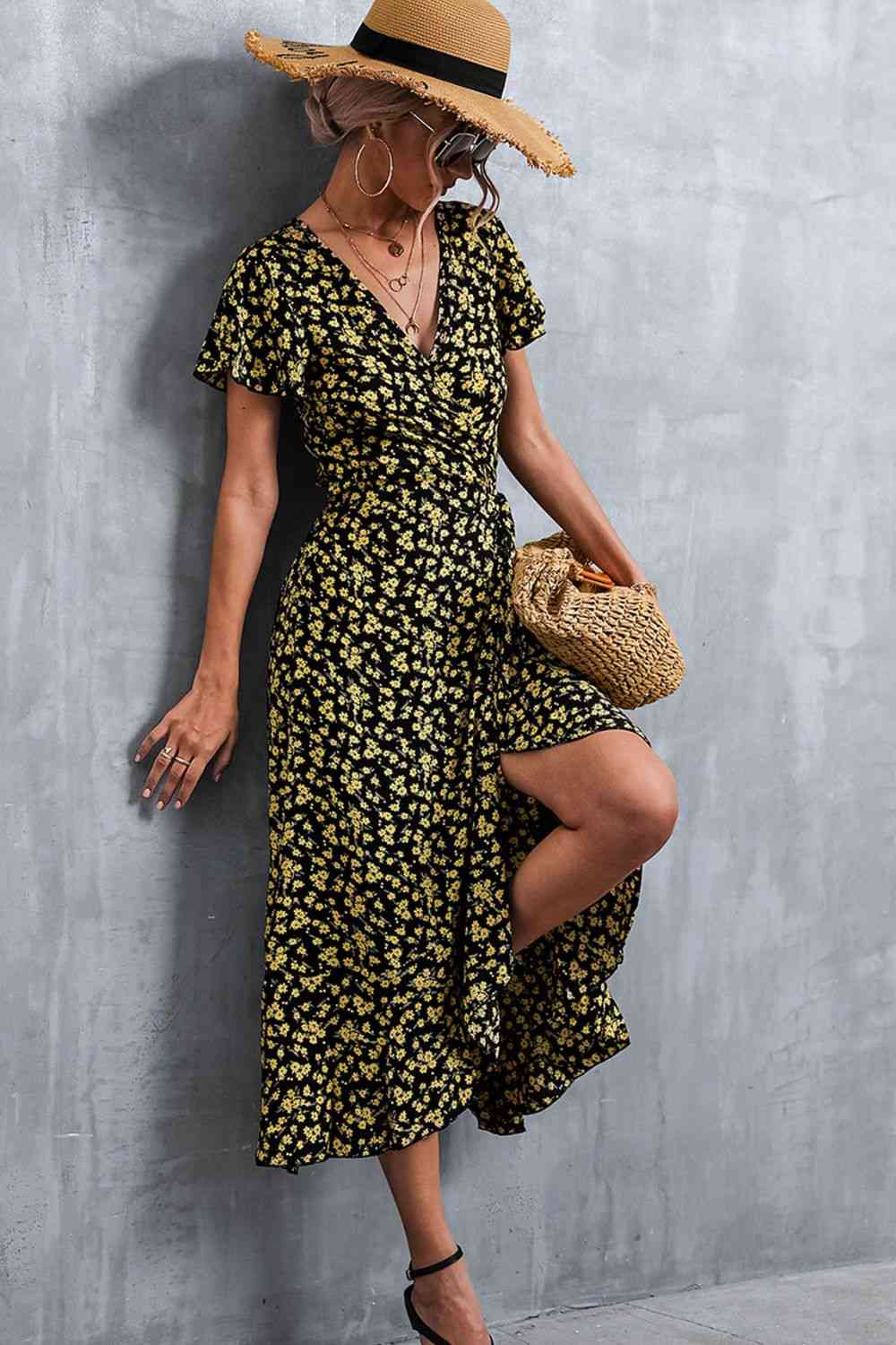 Floral  Neck Tied Midi Dress -BazaarBey - www.shopbazaarbey.com