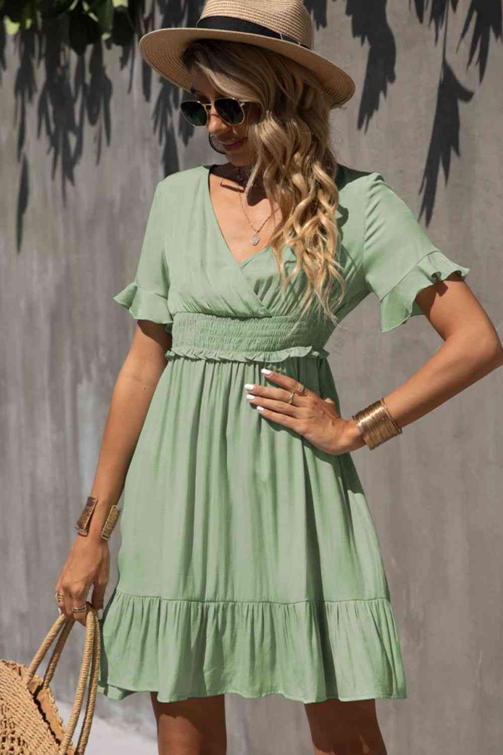 Smocked Waist Flounce Sleeve Ruffle Hem Dress -BazaarBey - www.shopbazaarbey.com