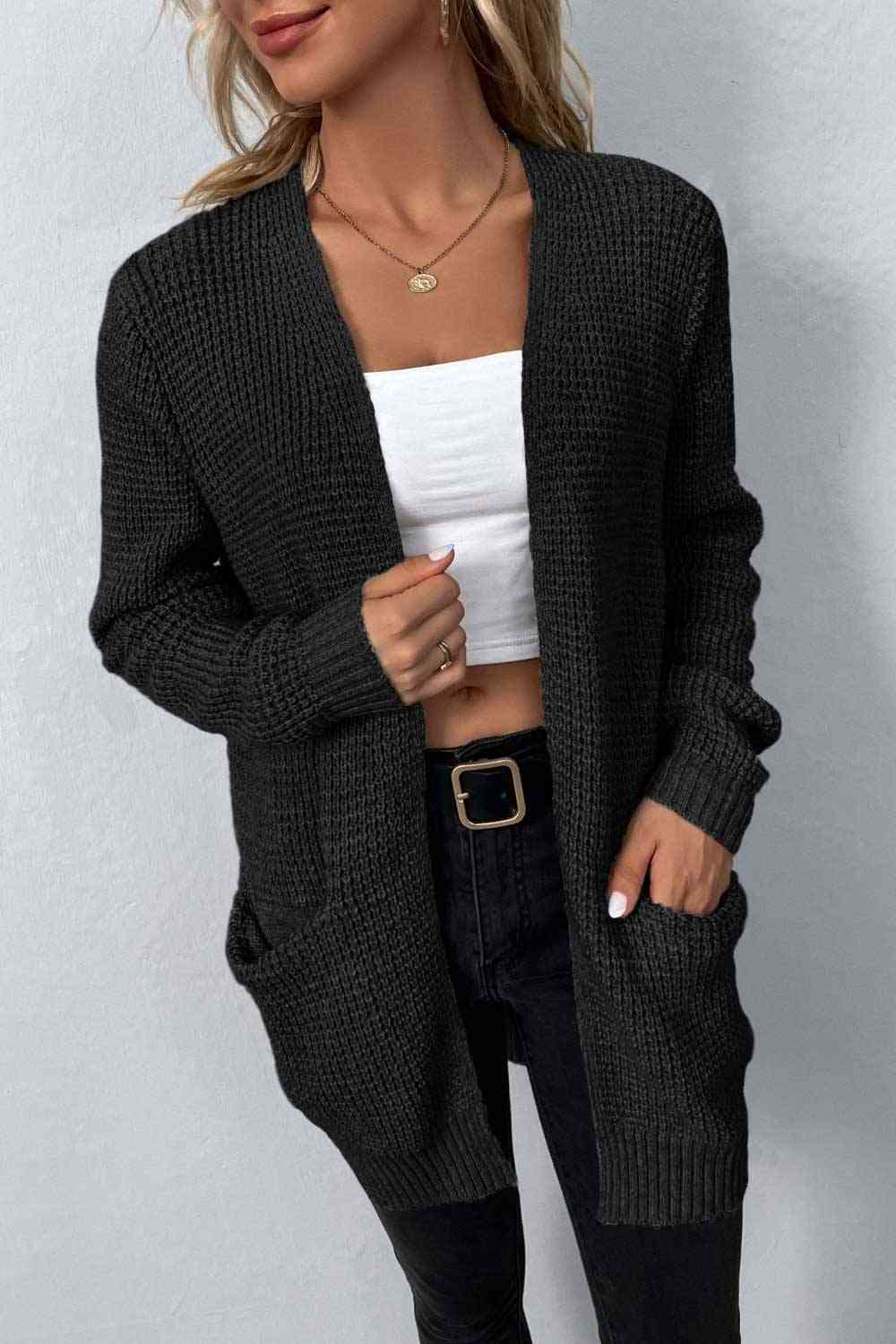 Rib-Knit  Pocketed Cardigan Trendsi