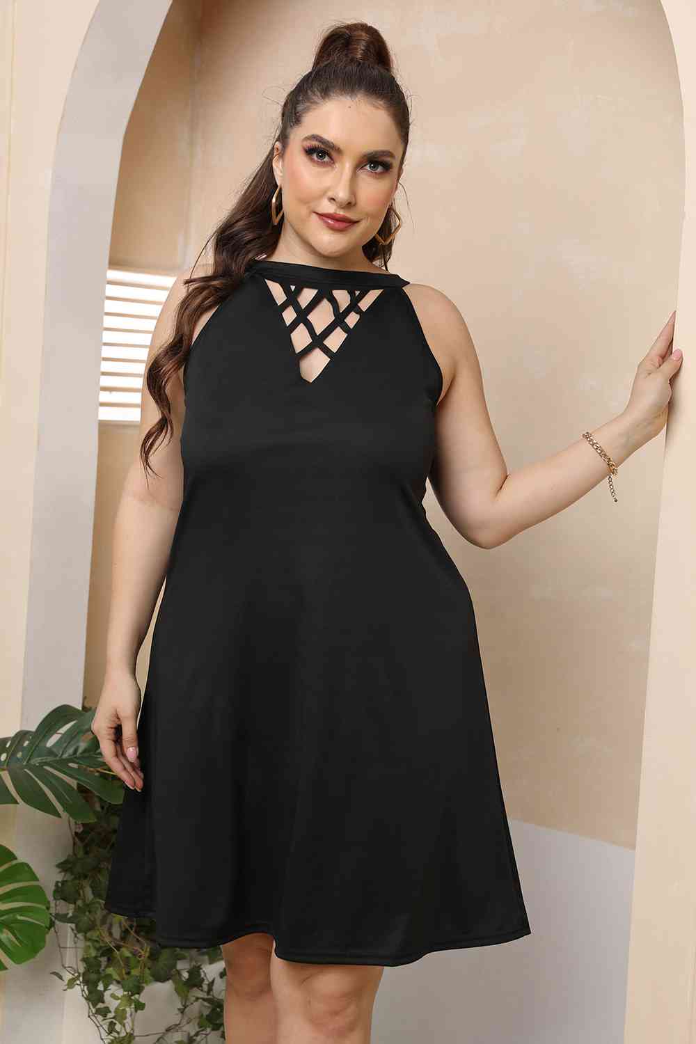 Plus Size Cutout Round Neck Sleeveless Dress -BazaarBey - www.shopbazaarbey.com