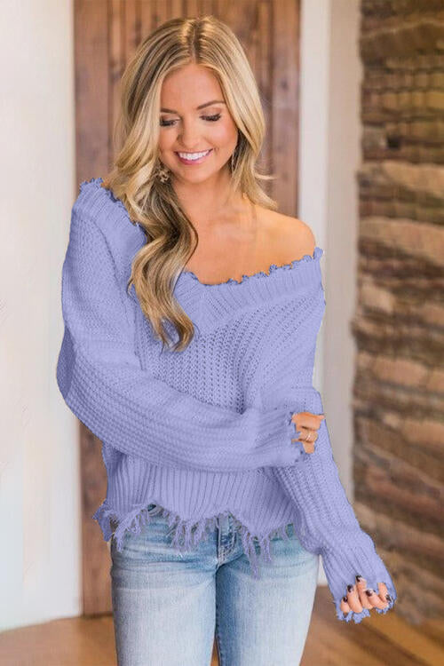 Frayed Hem Dropped Shoulder Sweater Bazaarbey