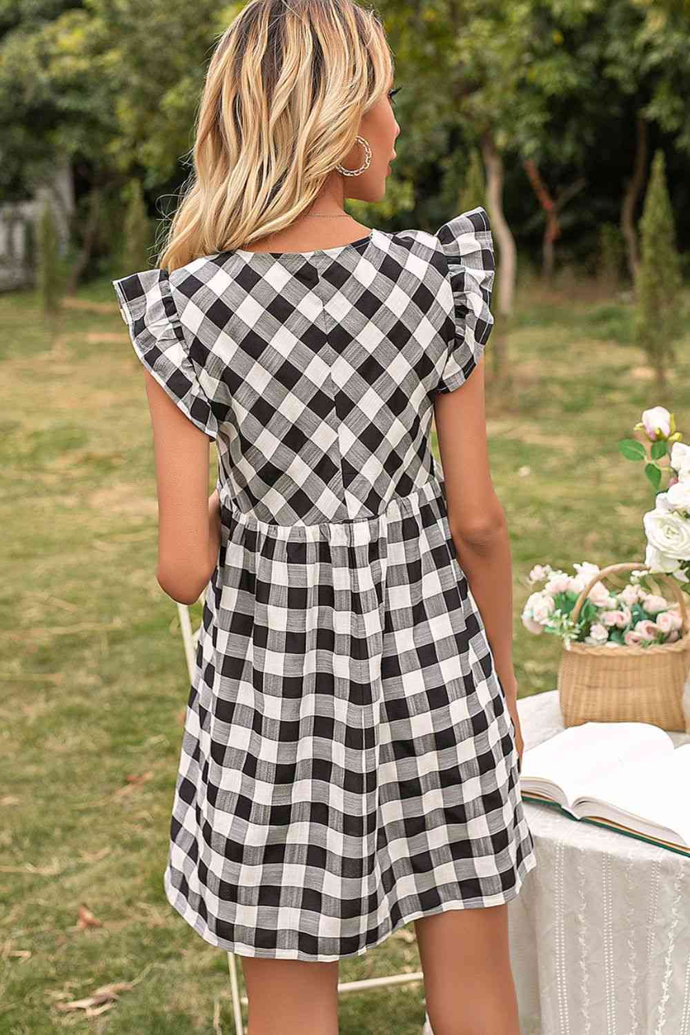 Plaid Butterfly Sleeve Deep V Dress -BazaarBey - www.shopbazaarbey.com