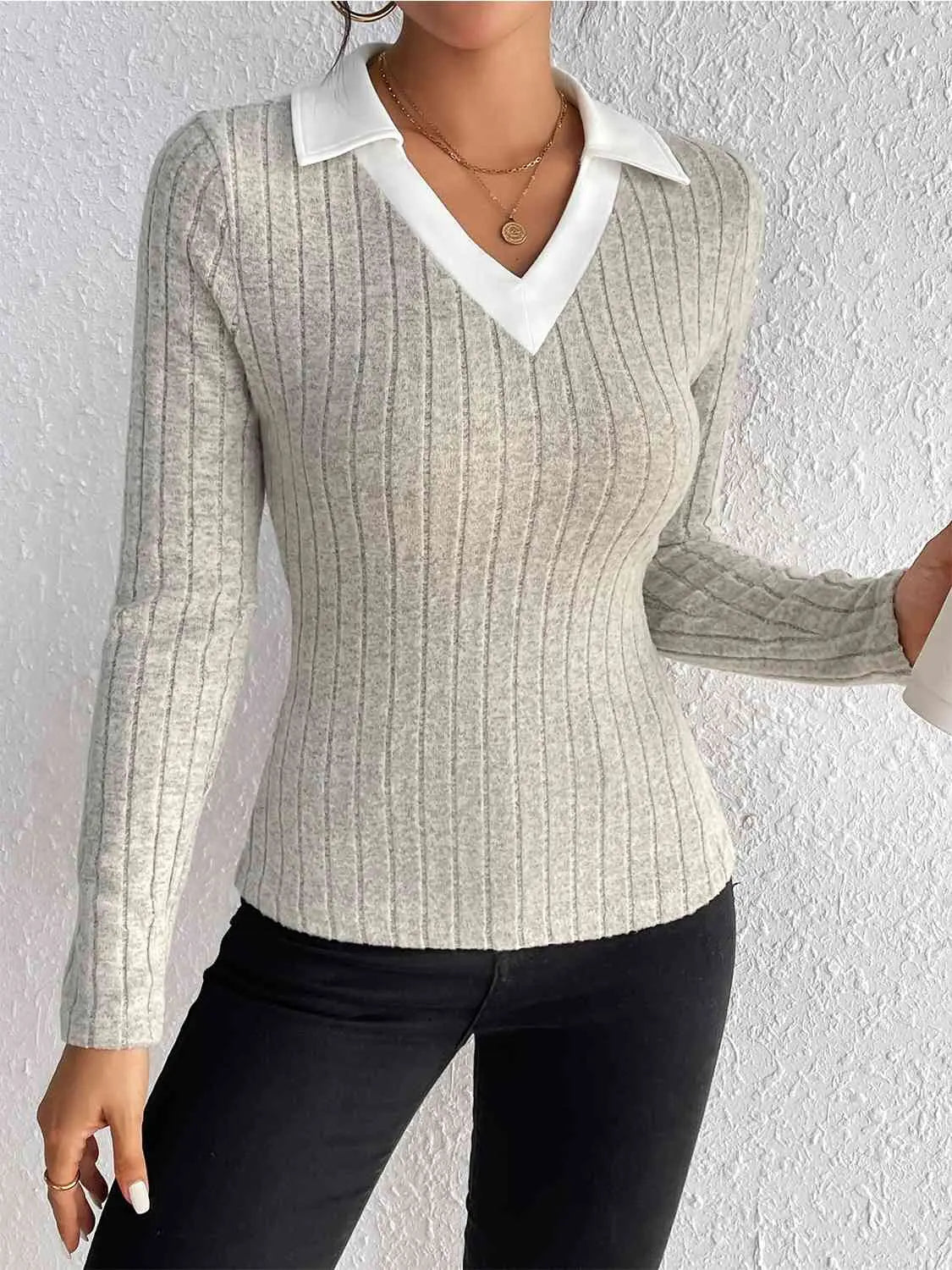 Ribbed Johnny Collar Long Sleeve Blouse Bazaarbey