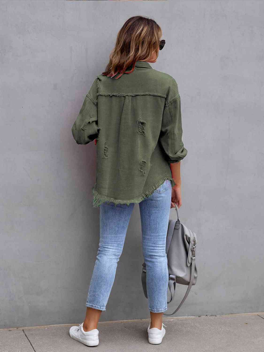Distressed Drop Shoulder Denim Jacket Bazaarbey