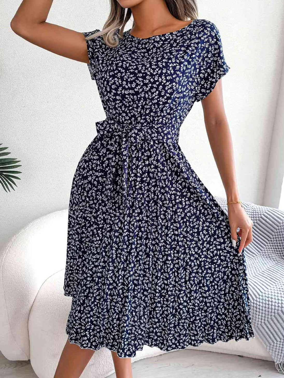  Floral Pleated Belted Dress -BazaarBey - www.shopbazaarbey.com