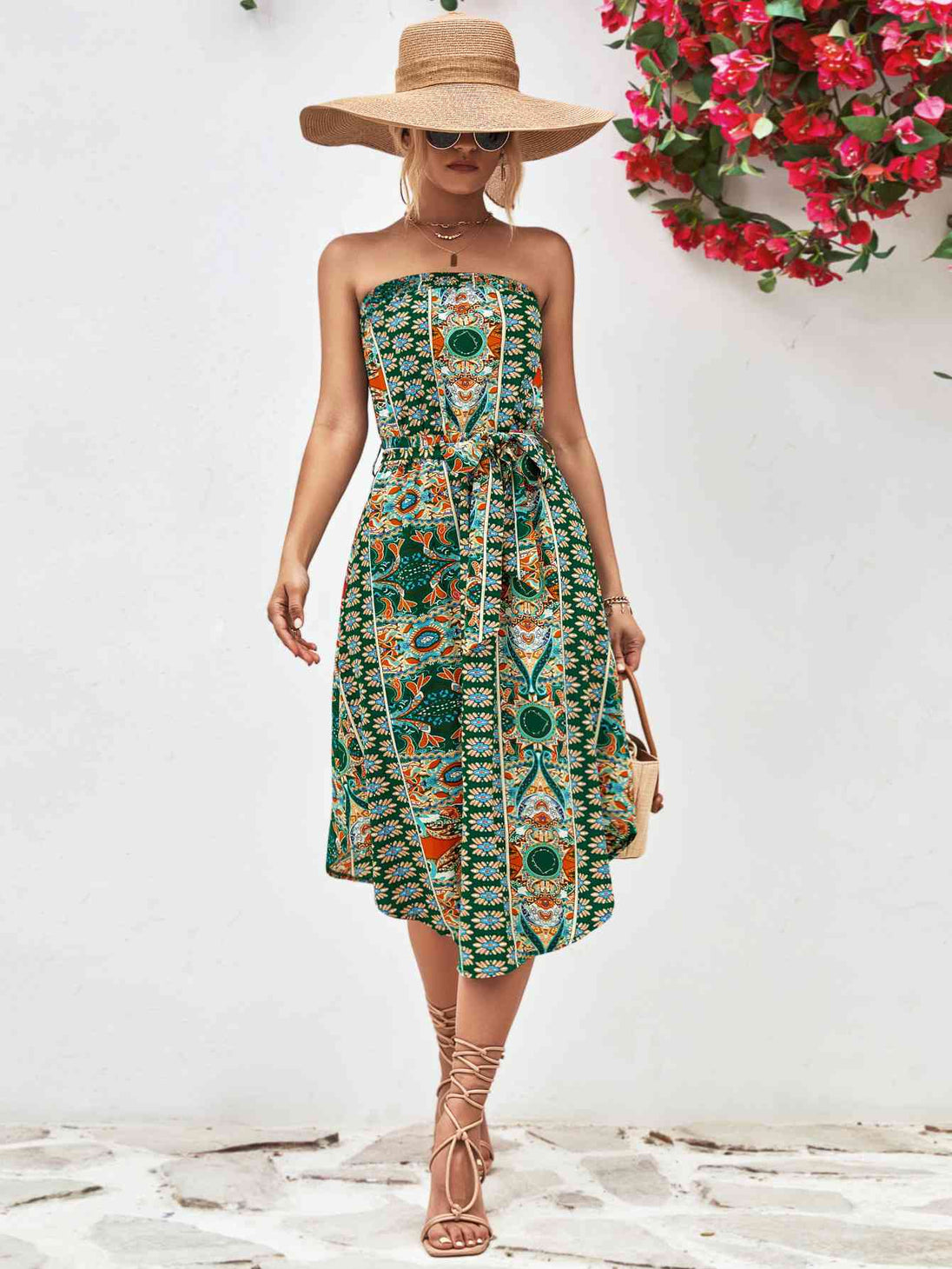 Printed Strapless Tie Belt Dress -BazaarBey - www.shopbazaarbey.com
