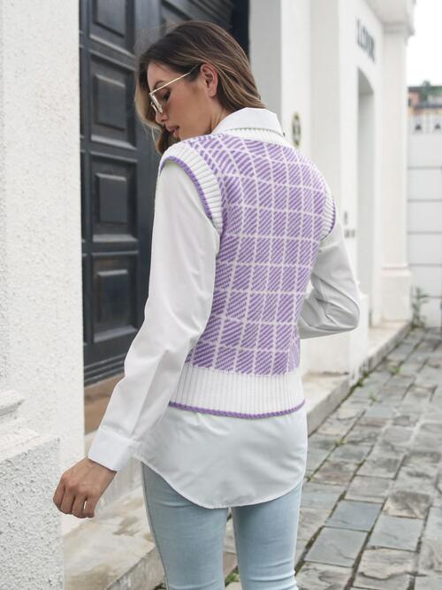 Plaid V-Neck Sweater Vest Trendsi