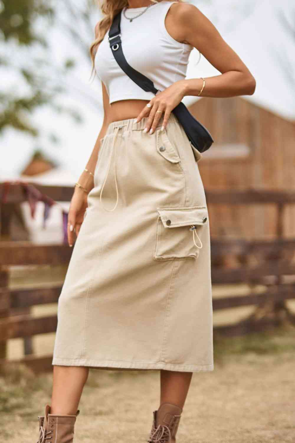 Drawstring Waist Slit Denim Skirt Bazaarbey