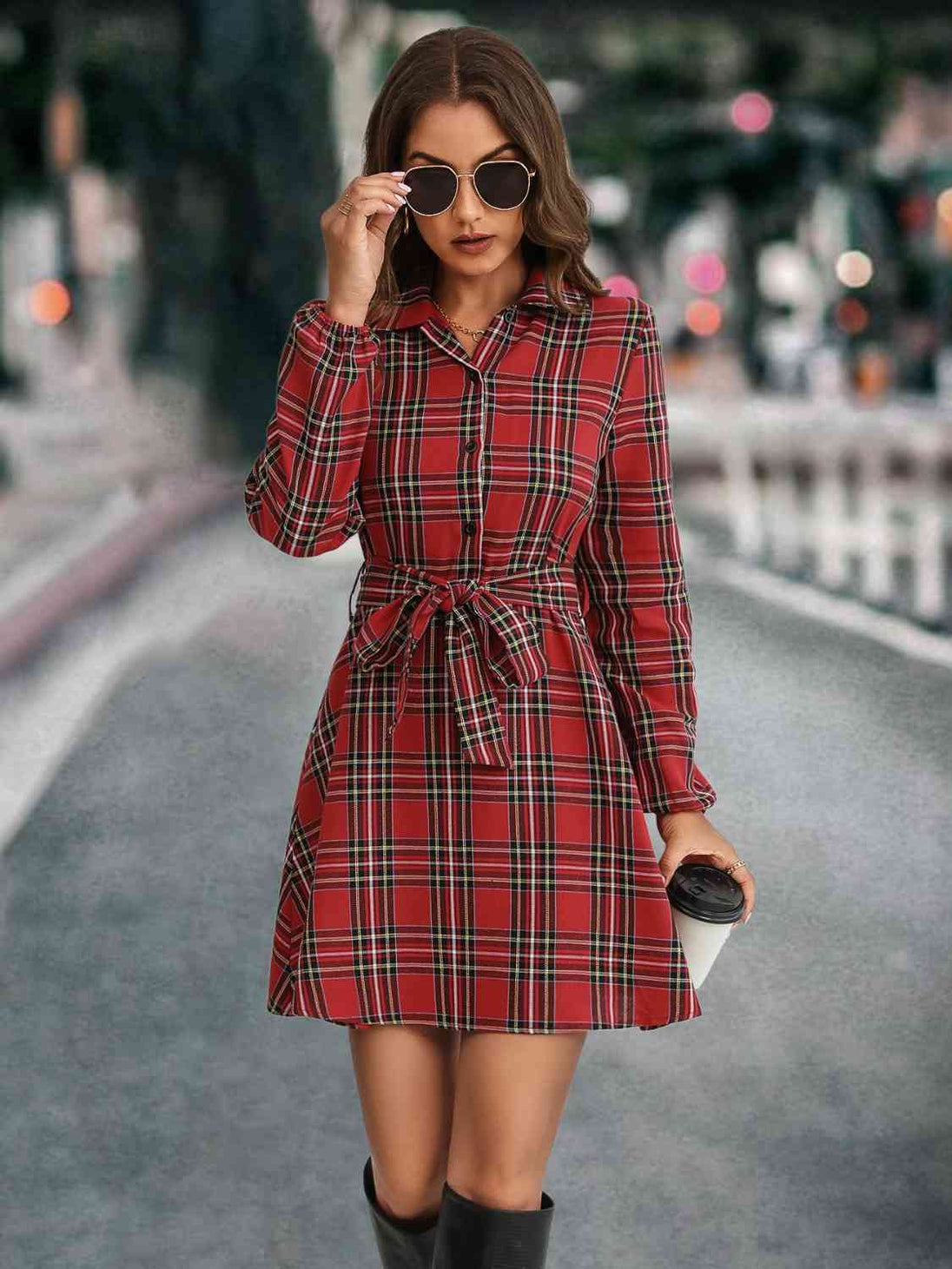 Plaid Tie Front Collared Neck Long Sleeve Dress Bazaarbey