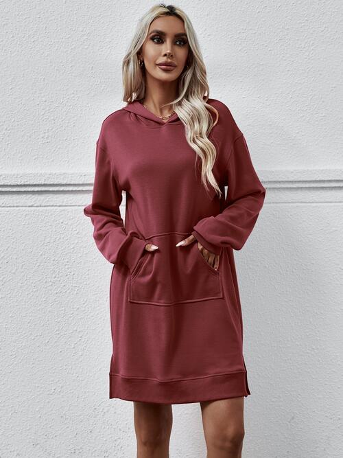 Slit Long Sleeve Hooded Dress with Pocket -BazaarBey - www.shopbazaarbey.com