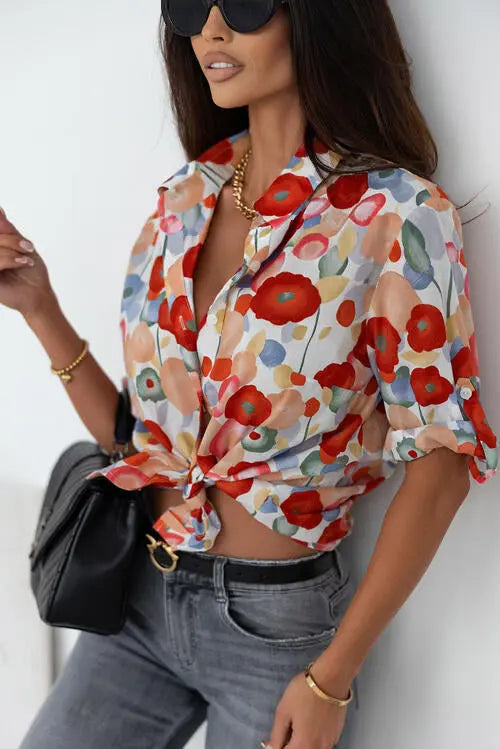 Floral Collared Neck Button Down Shirt Bazaarbey