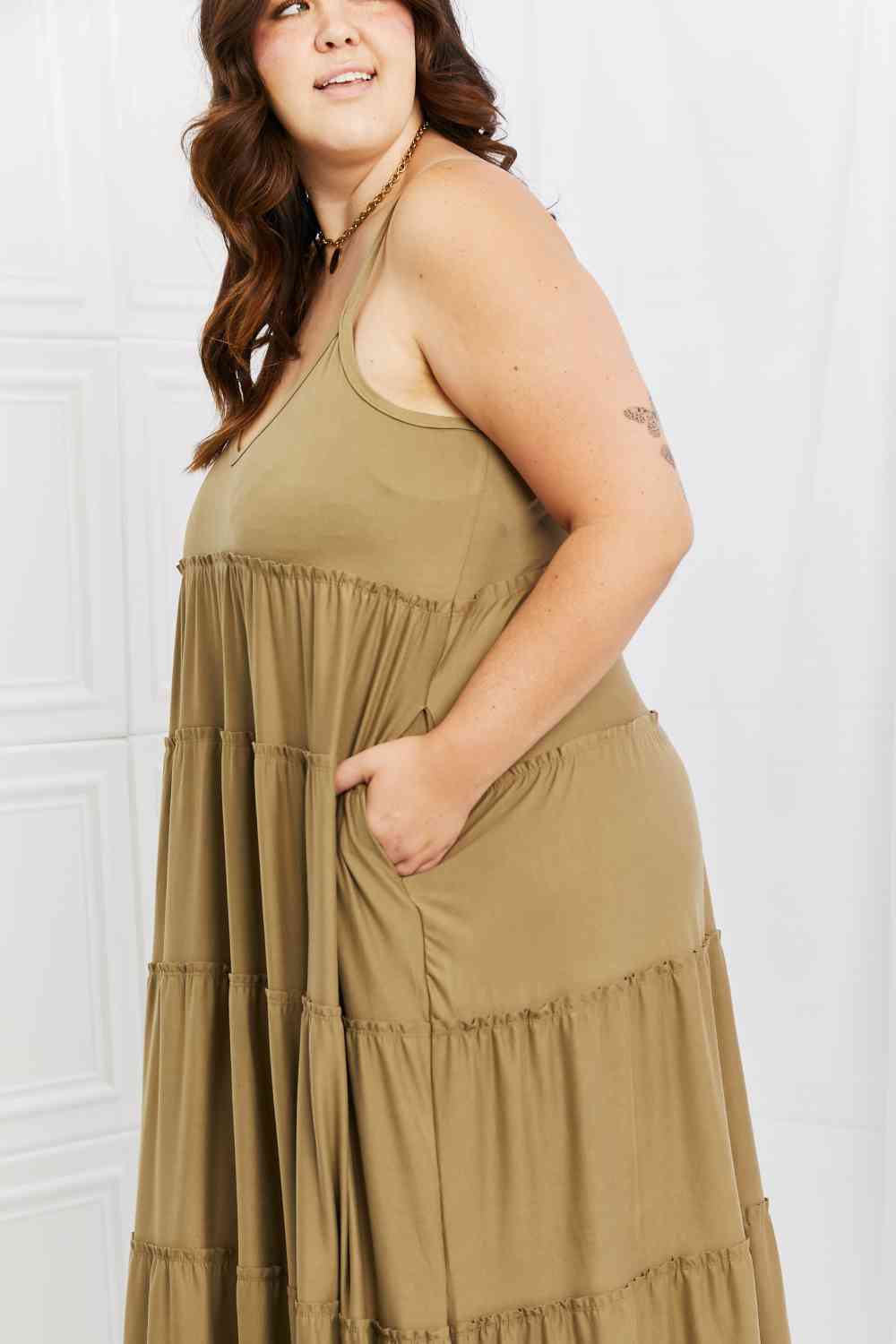 Zenana Full Size Spaghetti Strap Tiered Dress with Pockets in Khaki -BazaarBey - www.shopbazaarbey.com
