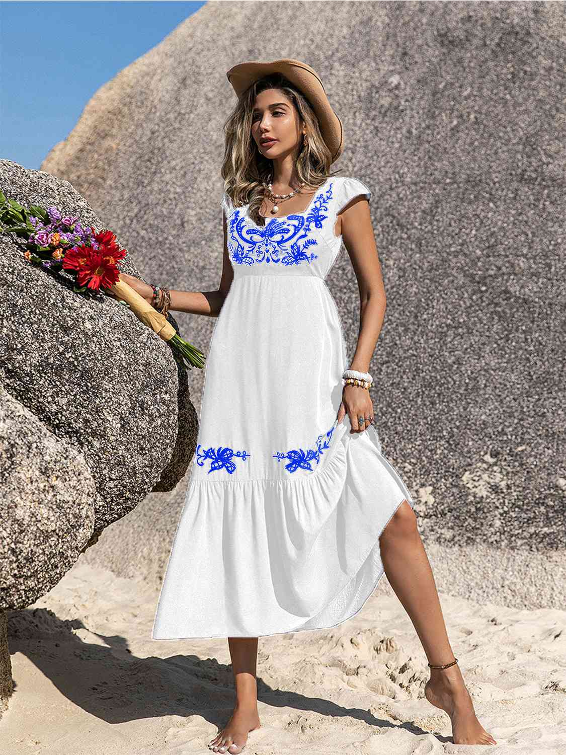 Embroidered Square Neck Ruffle Hem Dress -BazaarBey - www.shopbazaarbey.com