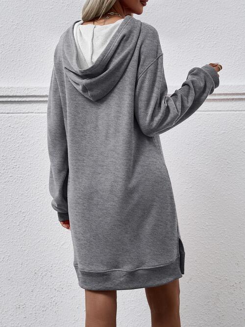 Slit Long Sleeve Hooded Dress with Pocket -BazaarBey - www.shopbazaarbey.com