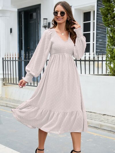  V-Neck Smocked Lantern Sleeve Ruffle Hem Dress -BazaarBey - www.shopbazaarbey.com