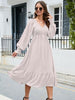  V-Neck Smocked Lantern Sleeve Ruffle Hem Dress -BazaarBey - www.shopbazaarbey.com